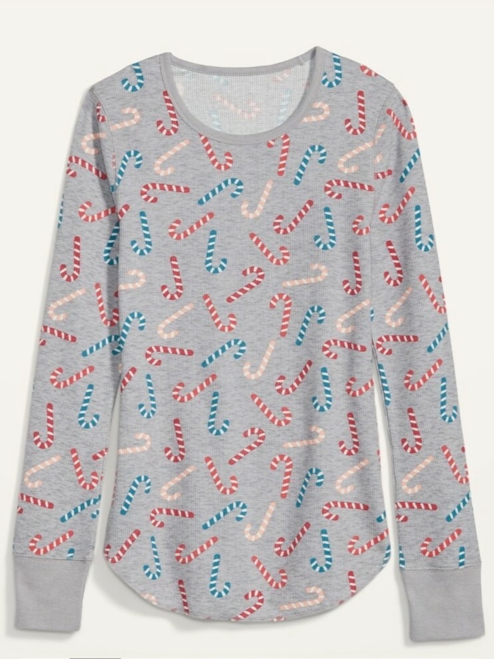 Old Navy Gray Long Sleeve Thermal Sleep Tee Candy Cane Print Christmas Pajamas